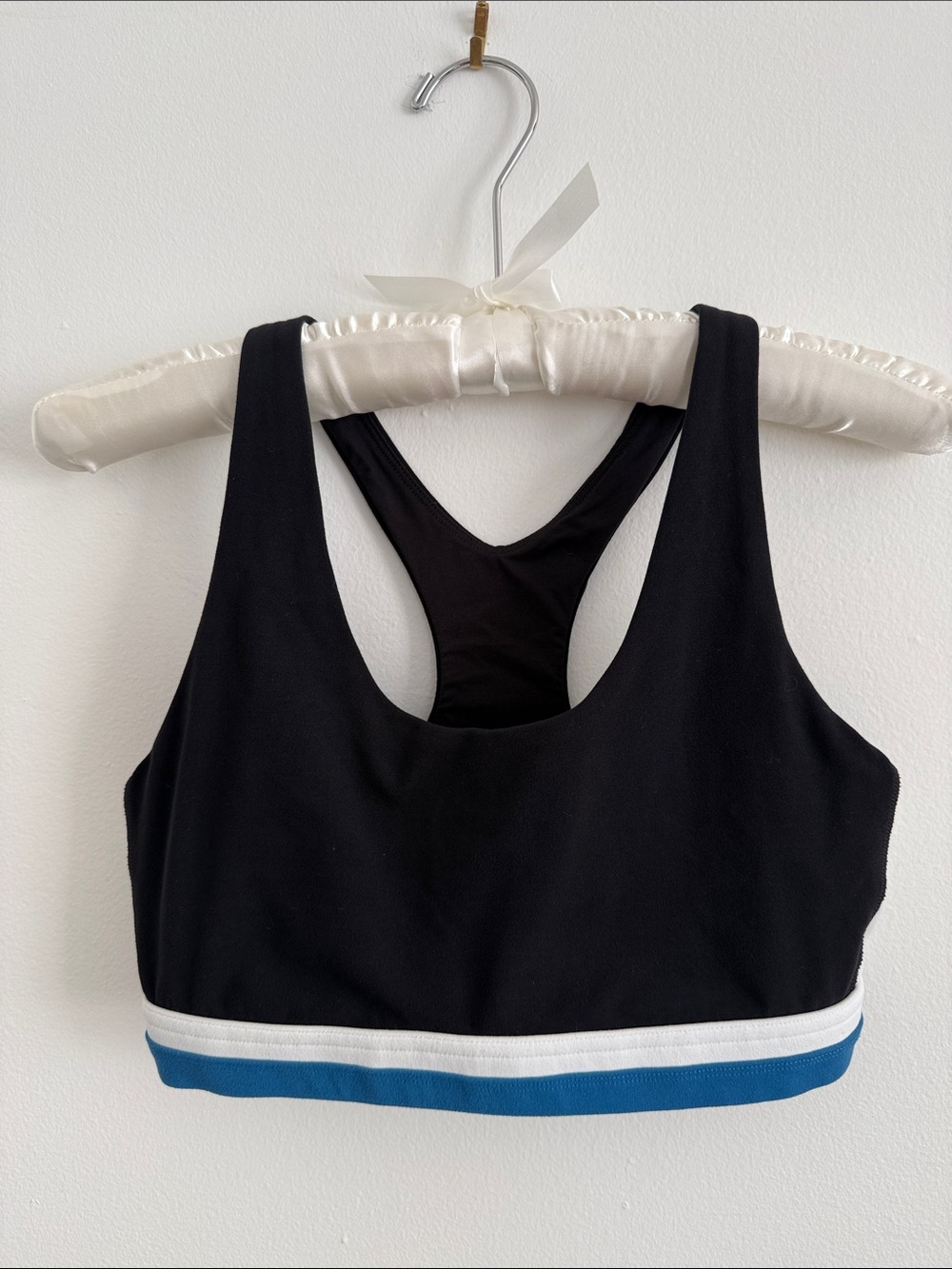 SPLITS59 Black Racerback Sports Bra with Blue and White accents — Small